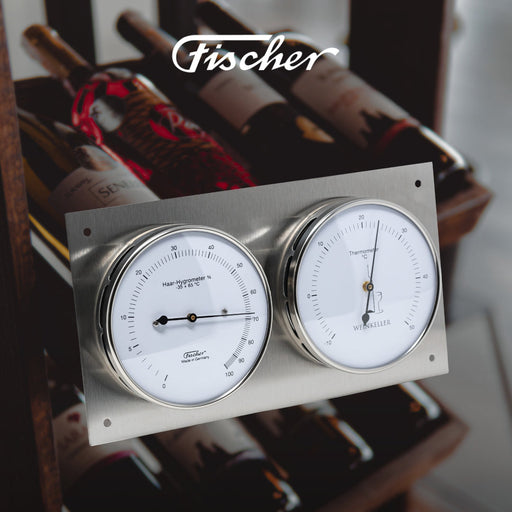 Fischer Germany Hygrometer thermomometer on a wine rack with bottles in the background.