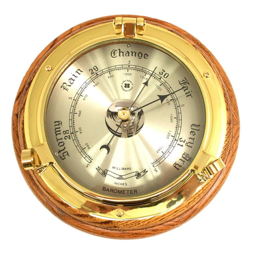 Weather Scientific Bey-Berk Lacquered Brass Porthole Barometer on Oak Wood SB408 Bey-Berk 