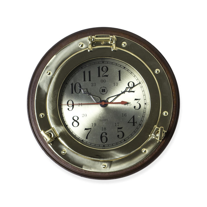 Weather Scientific Bey-Berk  Brass Porthole Quartz Clock on Dark Cherry Wood SQ500 Bey-Berk 