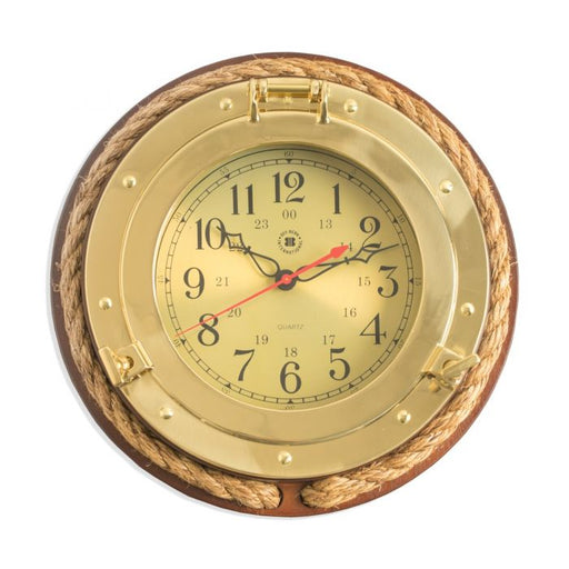 Weather Scientific Bey-Berk Solid brass porthole quartz clock with fisherman's rope on dark cherry wood SQ501 Bey-Berk 
