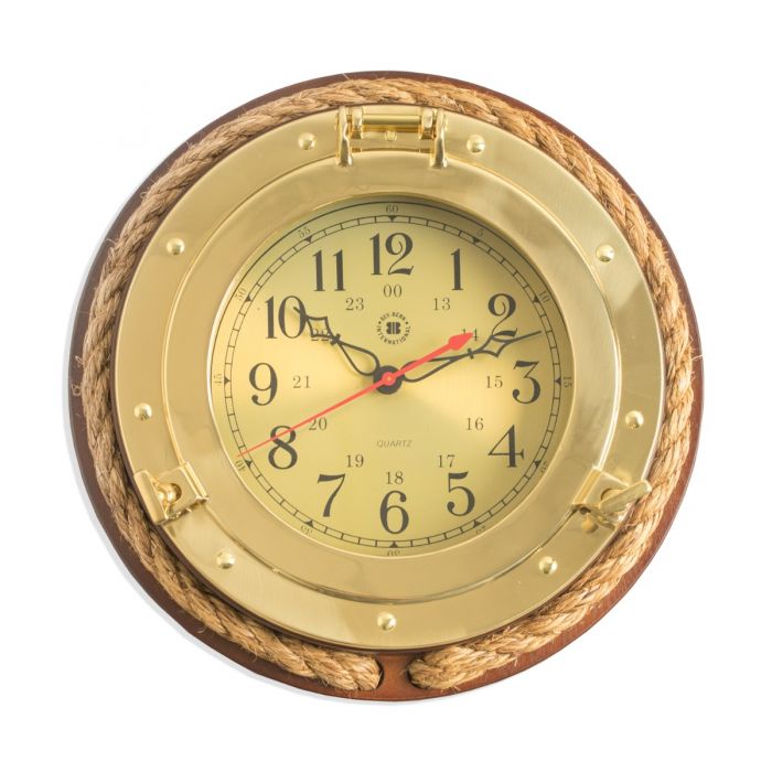 Bey-Berk Lacquered Brass Porthole Quartz Clock on Oak Wood SQ508