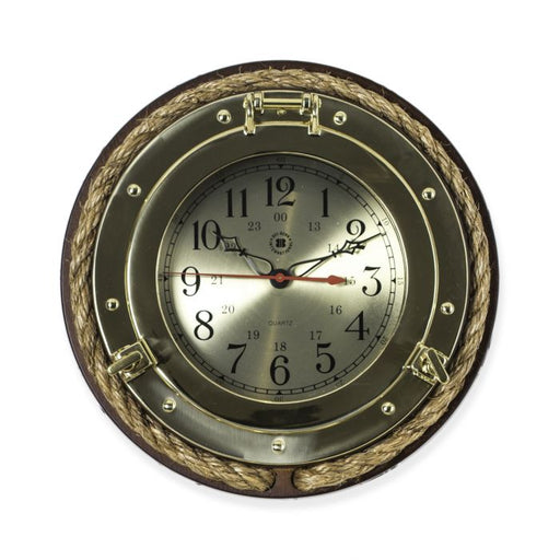 Bey-Berk Natical Brass Porthole Quartz Clock on Oak Wood