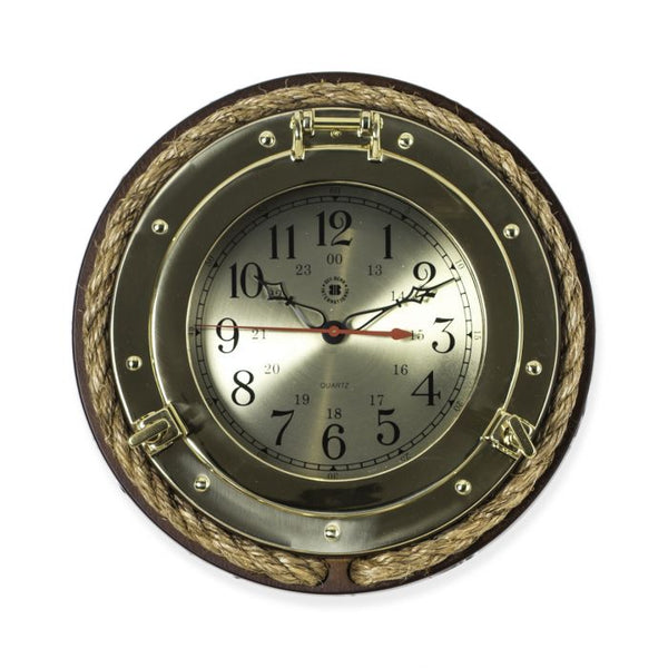 Bey-Berk Lacquered Brass Porthole Quartz Clock on Oak Wood SQ508