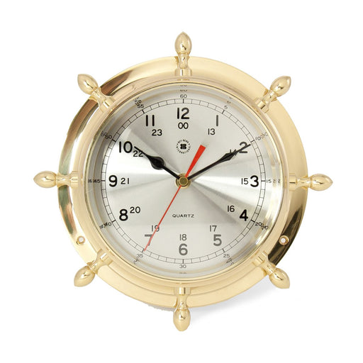 Bey-Berk Lacquered Brass Ship's Wheel Quartz Clock with Beveled