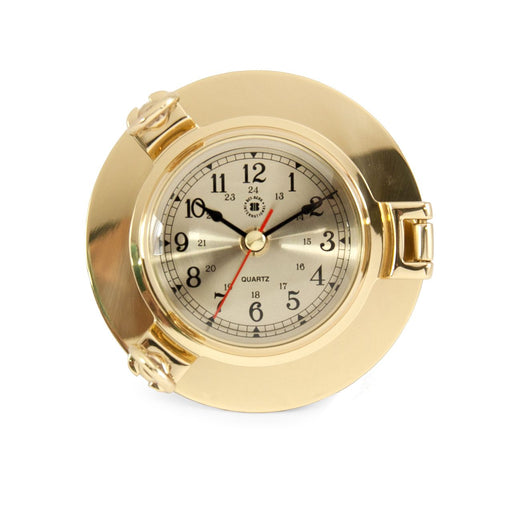 Bey-Berk Lacquered Brass Porthole Quartz Clock with Beveled Glass