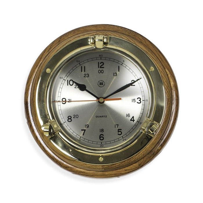 Weather Scientific Bey-Berk Lacquered Brass Porthole Quartz Clock on Oak Wood SQ508 Bey-Berk 