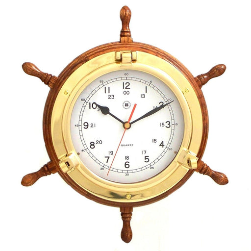 Weather Scientific Bey-Berk Lacquered Brass Porthole Quartz Clock with Ship's Wheel on Oak Wood SQ509 Bey-Berk 
