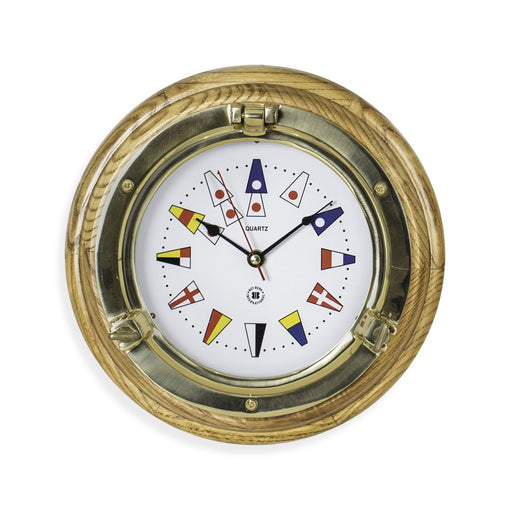 Weather Scientific Bey-Berk Lacquered Brass Porthole Quartz Clock with Nautical Flags Dial Face on Oak Wood SQ517 Bey-Berk 