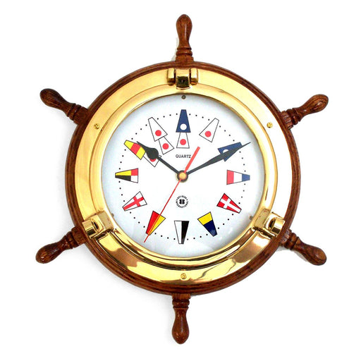 Weather Scientific Bey-Berk Lacquered Brass Porthole Quartz Clock on Oak Ship's Wheel with Nautical Flags SQ518 Bey-Berk 