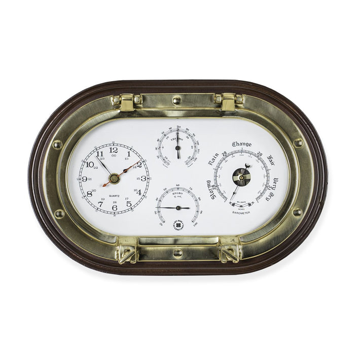 Weather Scientific Bey-Berk Brass Oval Porthole Quartz Clock, Barometer, Thermometer and Hygrometer on Mahogany Wood SQB549 Bey-Berk 