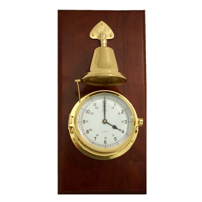 Weather Scientific Bey-Berk Lacquered Brass Porthole Quartz Striking Bell Clock on Mahogany Wood SS552 Bey-Berk 
