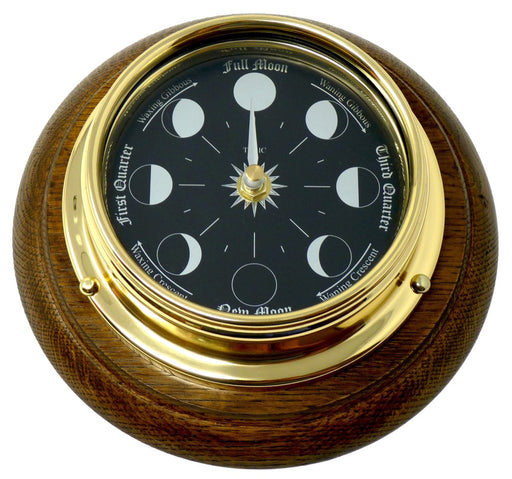 Weather Scientific Tabic Clocks Prestige Brass Moon Phase Clock With a Jet Black Dial Mounted on a Solid English Oak Wall Mount Tabic Clocks 