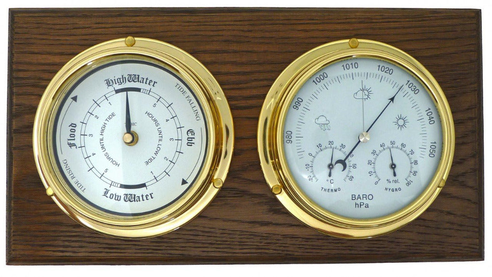 Weather Station Tide Clock Barometer Hygrometer Thermometer Solid Wood and  Brass 
