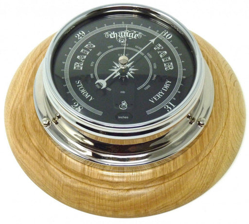 Weather Scientific Tabic Clocks Handmade Prestige Barometer in Chrome with Jet Black Dial Mounted on an English Oak Wall Mount Tabic Clocks 
