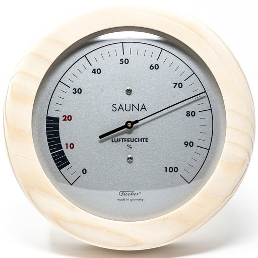 Fischer Germany Wooden sauna hygrometer with a white background front details