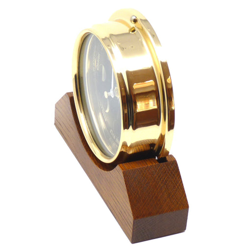 Weather Scientific Tabic Clocks Prestige Brass Moon Phase Clock With a Jet Black Dial Mounted on a Solid English Oak Mantel/Display Mount side profile