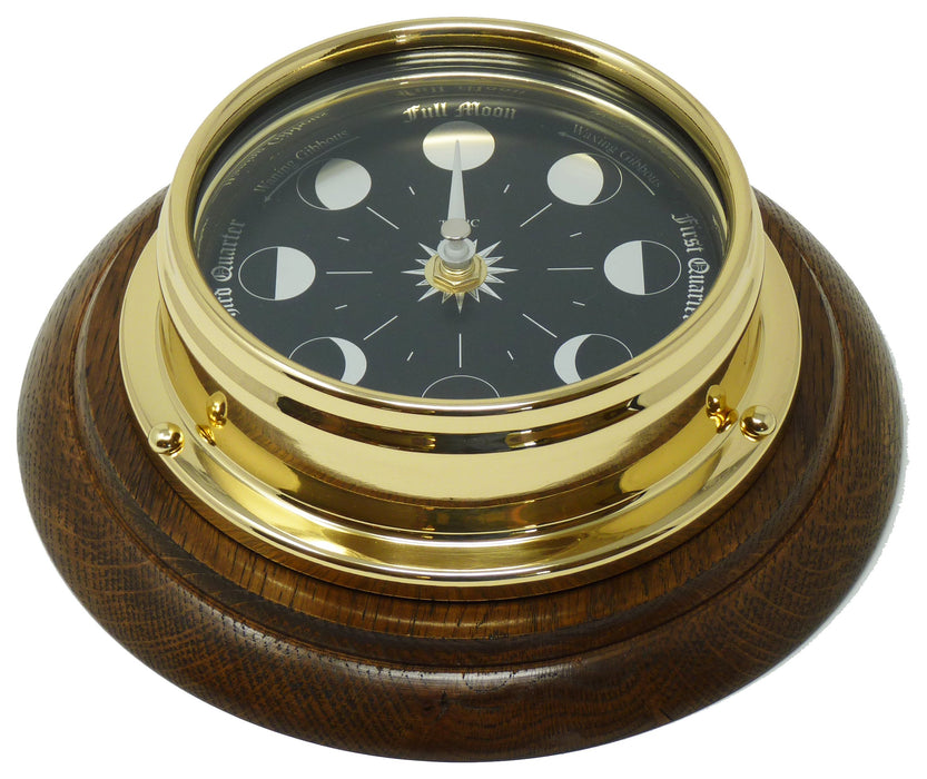 Weather Scientific Tabic Clocks Prestige Brass Moon Phase Clock With a Jet Black Dial Mounted on a Solid English Oak Wall Mount Tabic Clocks 