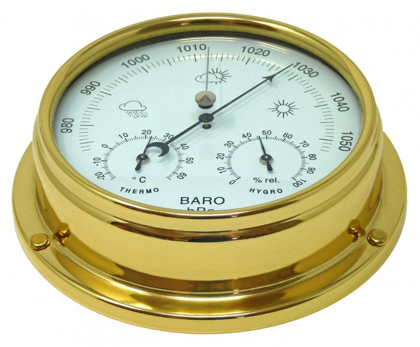 Brass Porthole Clock, Barometer, Thermometer, Hygrometer on Mahogany Plaque