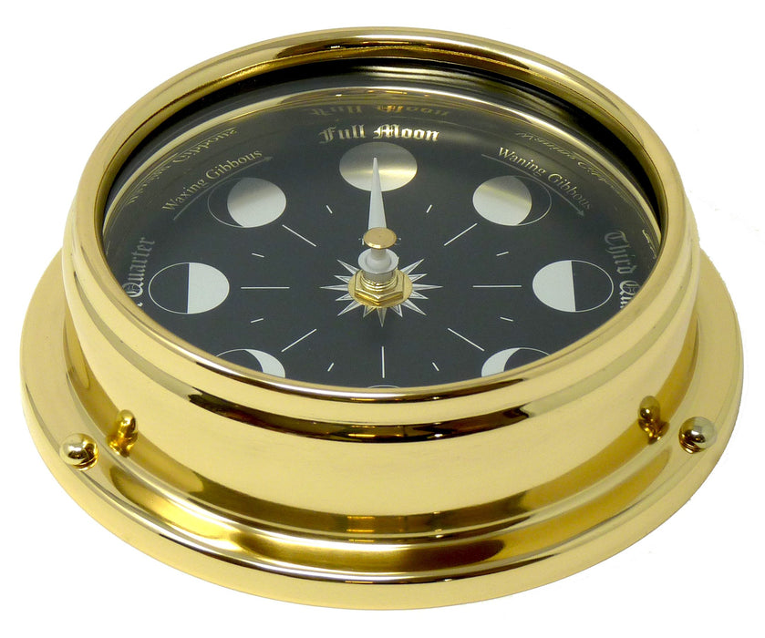 Weather Scientific Tabic Clocks Handmade Prestige Moon Phase Clock in Solid Brass With A Jet Black Dial created with a mirrored backdrop Tabic Clocks 