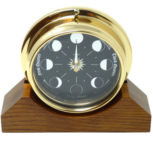 Weather Scientific Tabic Clocks Prestige Brass Moon Phase Clock With a Jet Black Dial Mounted on a Solid English Oak Mantel/Display Mount Tabic Clocks 