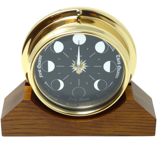 Weather Scientific Tabic Clocks Prestige Brass Moon Phase Clock With a Jet Black Dial Mounted on a Solid English Oak Mantel/Display Mount main profile