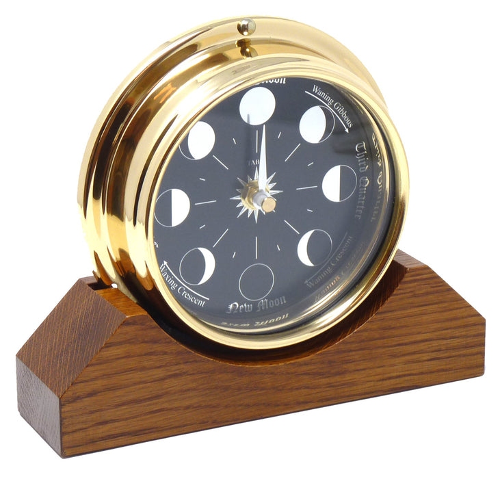 Weather Scientific Tabic Clocks Prestige Brass Moon Phase Clock With a Jet Black Dial Mounted on a Solid English Oak Mantel/Display Mount Tabic Clocks 
