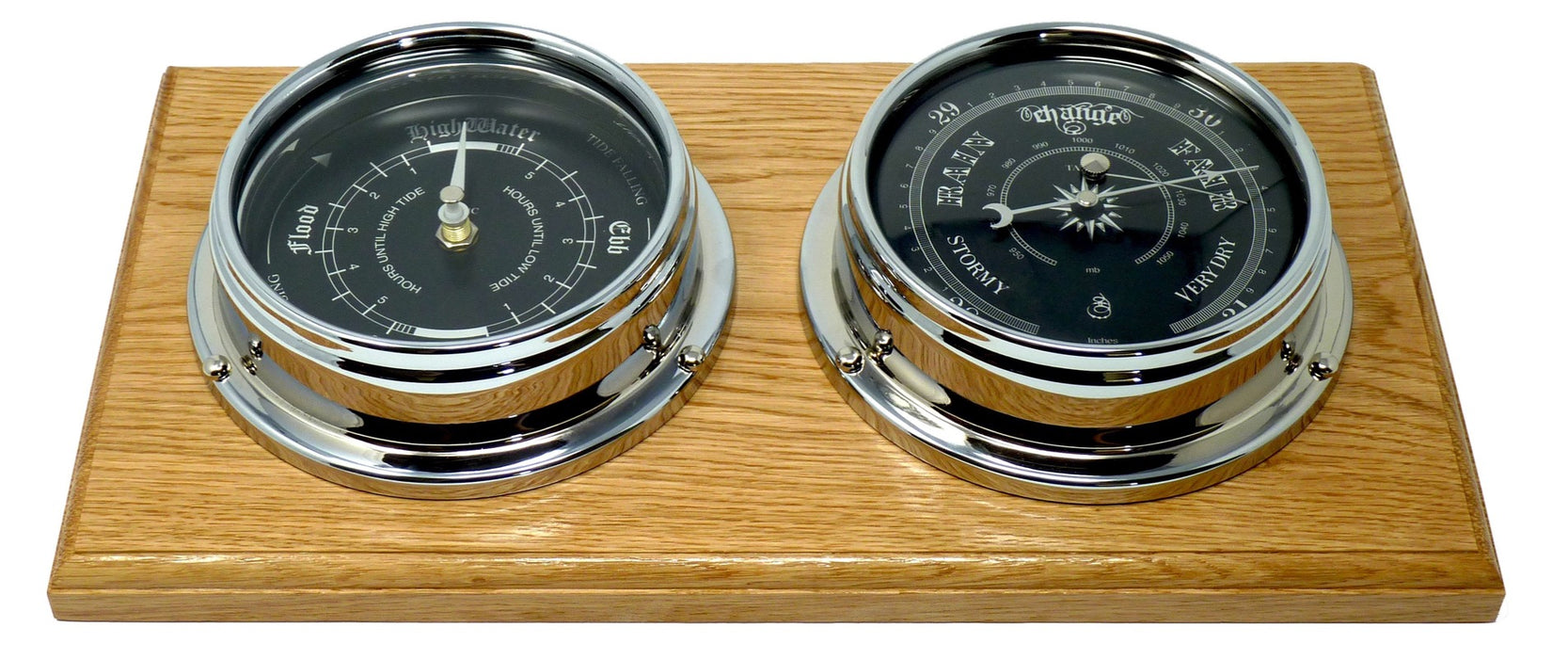 Weather Scientific Tabic Clocks Handmade Prestige Traditional Barometer and Tide Clock in Chrome, Mounted on a Double English Oak Wall Mount Tabic Clocks 