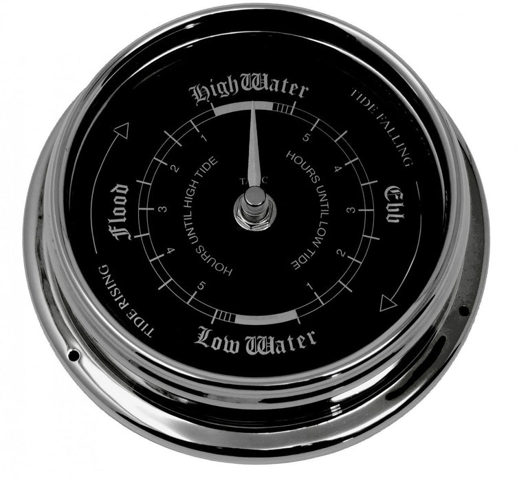 Weather Scientific Tabic Clocks Handmade Prestige Tide Clock in Chrome With A Jet Black Dial created with a mirrored backdrop Tabic Clocks 