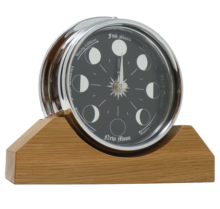 Weather Scientific Tabic Clocks Handmade Prestige Moon Phase Clock in Chrome on an English Oak Mantel/Display Mount  angled profile 