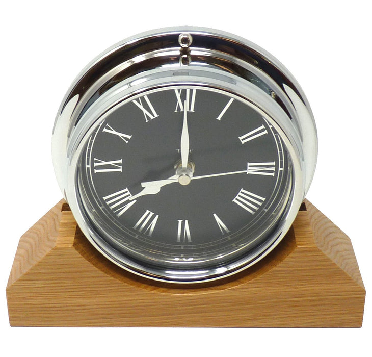 Weather Scientific Tabic Clocks Handmade Prestige Roman Clock in Chrome with Jet Black Dial Mounted on an English Oak Mantel/Display Mount Tabic Clocks 
