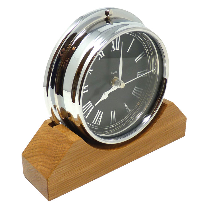 Weather Scientific Tabic Clocks Handmade Prestige Roman Clock in Chrome with Jet Black Dial Mounted on an English Oak Mantel/Display Mount Tabic Clocks 