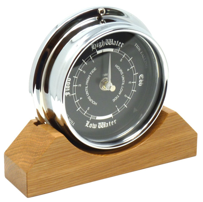 Weather Scientific Tabic Clocks Handmade Prestige Tide Clock in Chrome on an English Oak Mantel/Display Mount chrome case side view