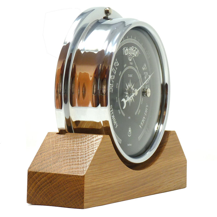 Weather Scientific Tabic Clocks Handmade Prestige Barometer in Chrome with Jet Black Dial Mounted on an English Oak Mantel/Display Mount Tabic Clocks 
