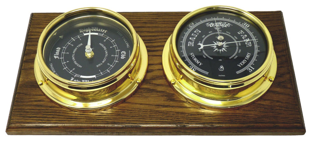 Weather Scientific Tabic Clocks Handmade Prestige Brass Tide Clock, Traditional Barometer, Jet Black Dial on Solid English Oak Wall Mount Tabic Clocks 